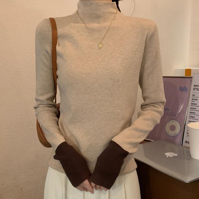 

Temperament semi-turtleneck contrasting knitted top women s 2 autumn and winter inner slim-fitting bottoming shirt soft waxy sweater L хаки