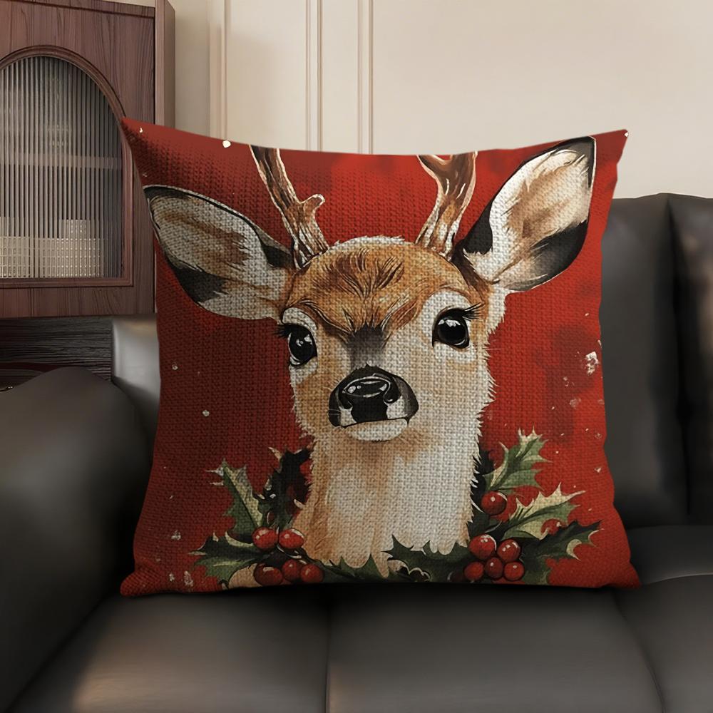 Reindeer Christmas Cute Cushion Cover Natural Linen Organic Fabric Double-Sided Printing Sofa Home Decor Gift Pillow Case