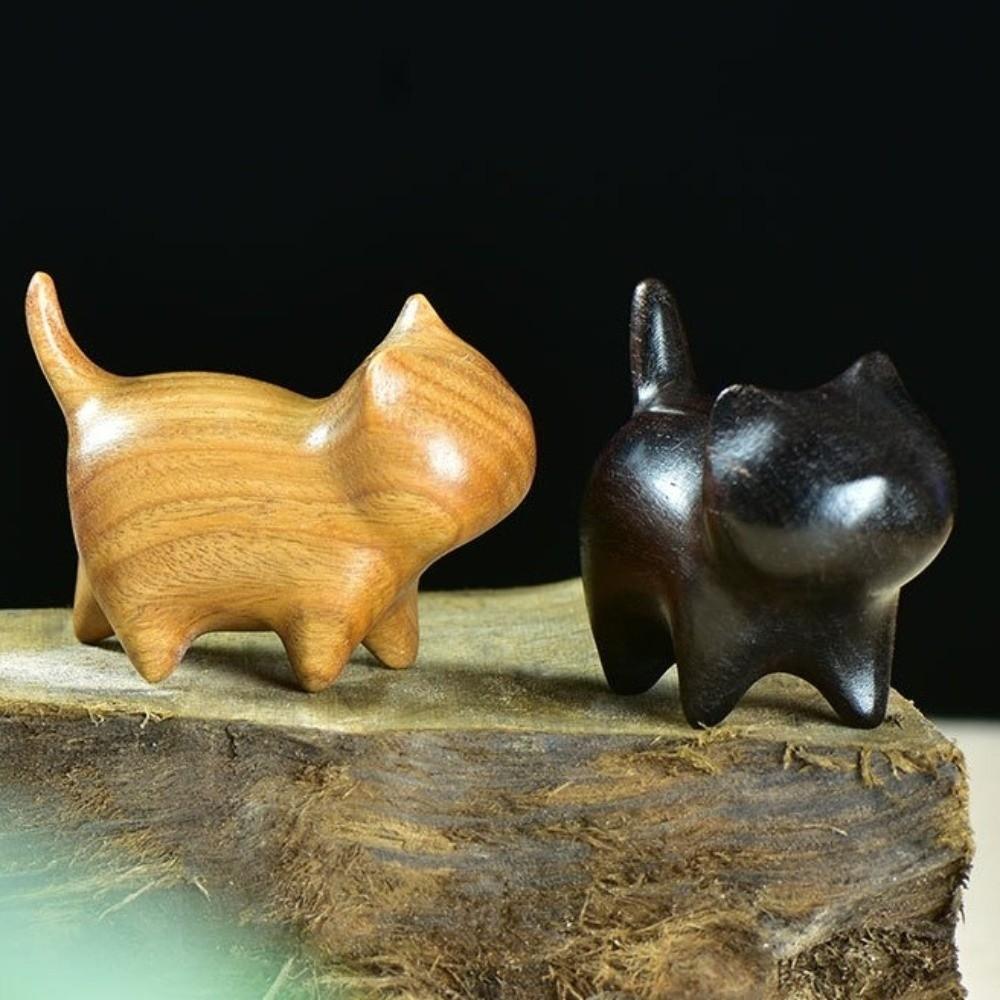 Wood Carving Cat Ornament Natural Texture Lucky Cat Ornament Wooden Cat Figurine  Bookshelf Display