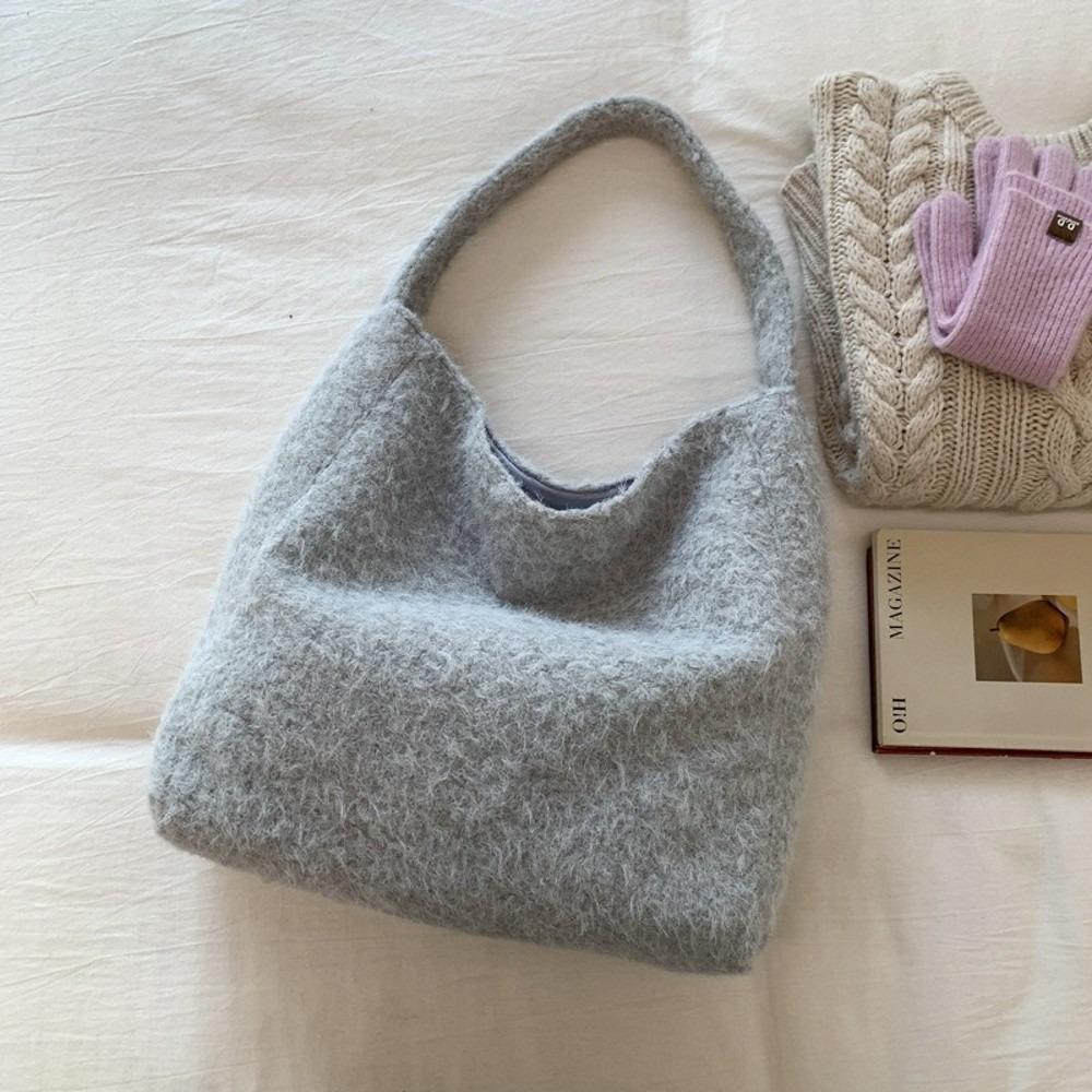 Casual Versatile Women Handbag Retro Solid Color Shoulder Bag Large Capacity Woolen Tote Bag for Women