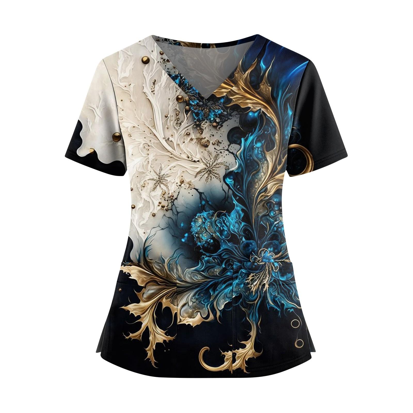 

Женская модная рубашка с принтом, V-образным вырезом, двойным карманом, короткими рукавами и разрезами по подолу, униформа и рабочая блузка S синий