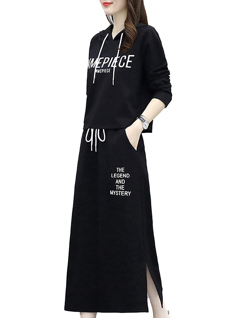 Monoa Loungewear Long Sleeve Print Hoodie and Size M Women's Set, Skirt, Black, (n1561)