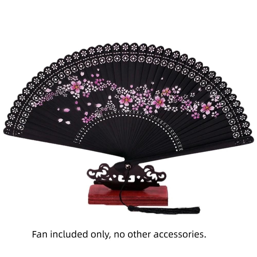 Веер с кисточкой, резной, ажурный, винтажный, с изображением цветущей вишни, ручной, реквизит для фотосъемки чёрный