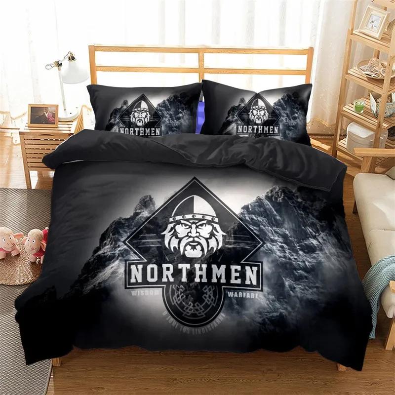 Viking Duvet Cover Set King/Queen Size Slate Blue Mjolnir Pattern Bedding Set Northern Germanic Culture Polyester Quilt Cover