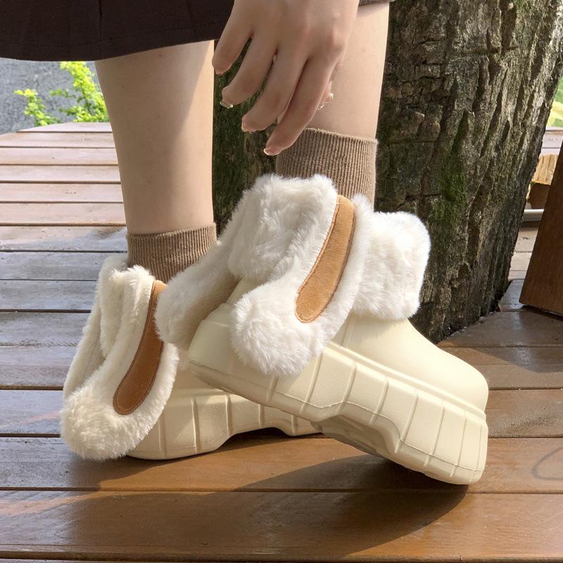 EVA Removable and Washable Rabbit Ear Cotton Shoes Velvet Waterproof Cotton Slippers Winter Wear Rain Shoes Thick Sole High Bag Heel Flanging