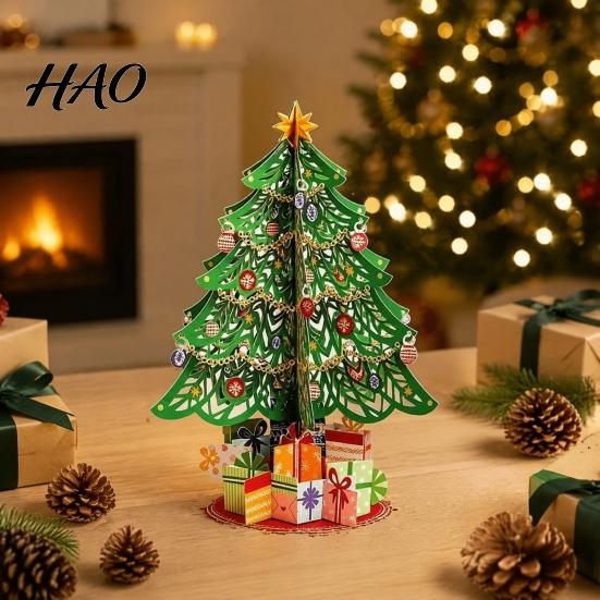 Artificial Paper Xmas Tree 3D Puzzle Christmas Decoration, Holiday Desktop Ornaments Small Tabletop Decoration with Star Topper And Gift Box for Home