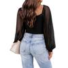 Women's See-through Lantern Sleeves Tops Splicing Slim Tops