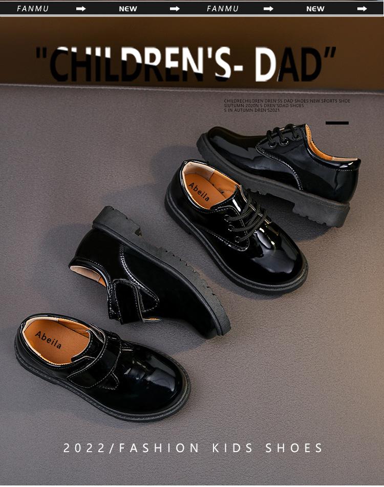 Jungen Lederschuhe Schwarz 2024 Performance Weiche Sohle Britischer Stil Kinder Schnürschuhe Rutschfest Glänzend Runde Spitze Frühling Neu PU