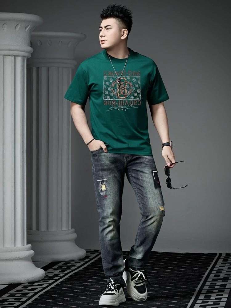 Ozhouzhan Summer New Round Neck Letter Print Hot Drilling Short Sleeve T-shirt Men's Top Trendy Half Sleeve T-shirt
