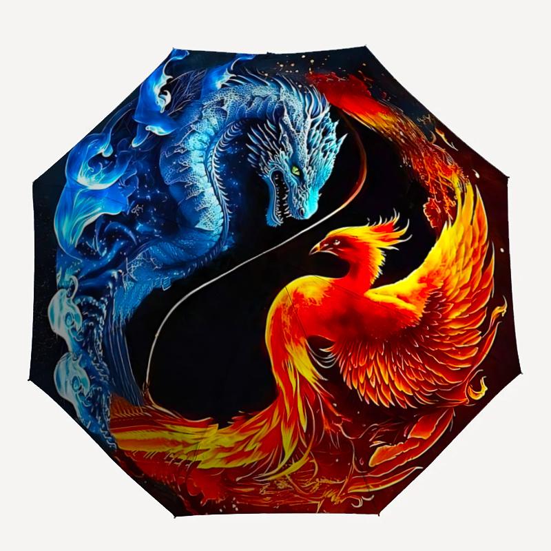 1pc Blue Dragon and Red Phoenix Automatic Opening and Closing Umbrella - Lightweight 3-Fold Design, Suitable for Fans, Travel, Daily Use, Interes