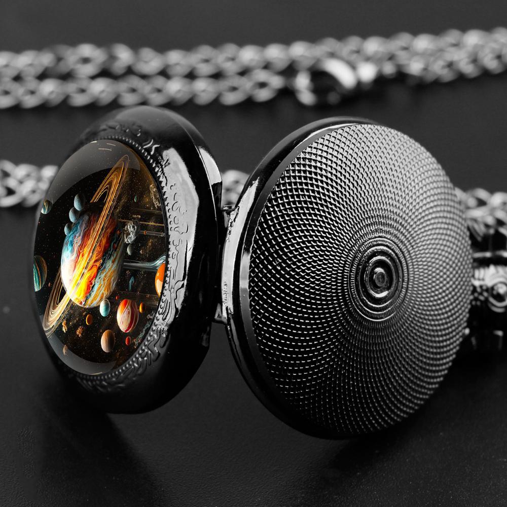 Planet World Design Dome Quartz Pocket Watch with Durable Chain Arabic Numeral Dial for Men Women Creative Gifts