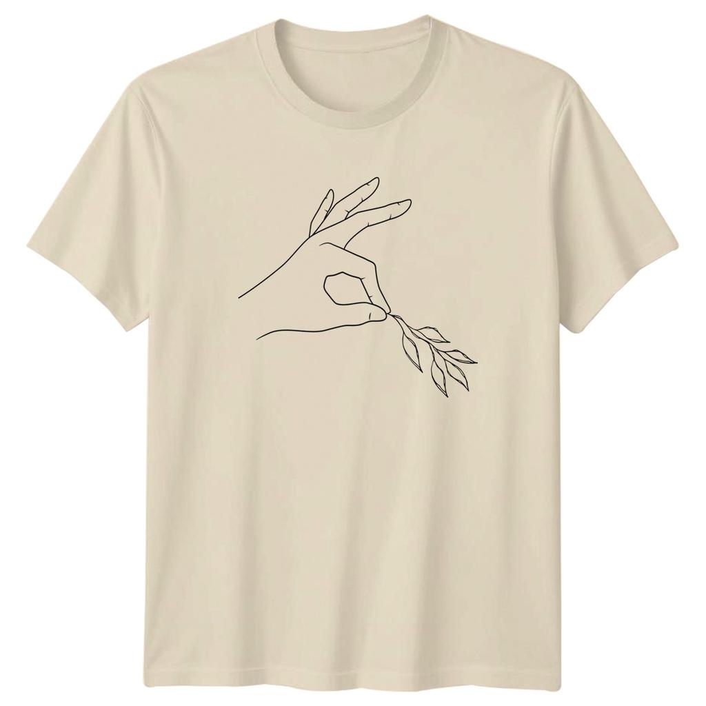 Minimalist Line Art Hand Holding Olive TShirt Botanical Nature