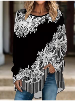 Übergröße Damen Frühling Retro Bedruckt Bequem Langarm Rundhals T-Shirt Lässig Weit Mittelang Tops