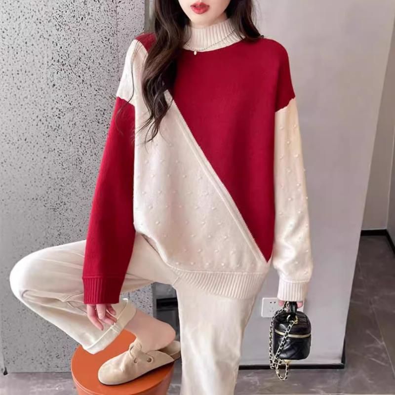 Autumn and winter new color matching knitted bottoming shirt for women with semi-turtleneck loose and lazy sweater for women