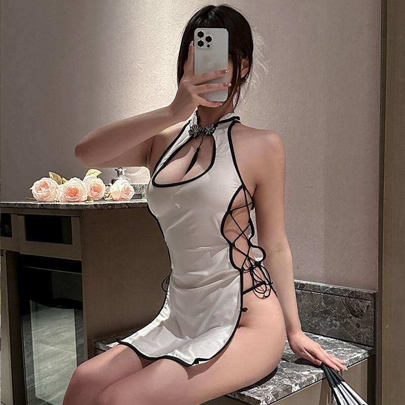 Sex underwear retro disc buckle cheongsam high split strap sexy sex uniform open file hot chest outfit