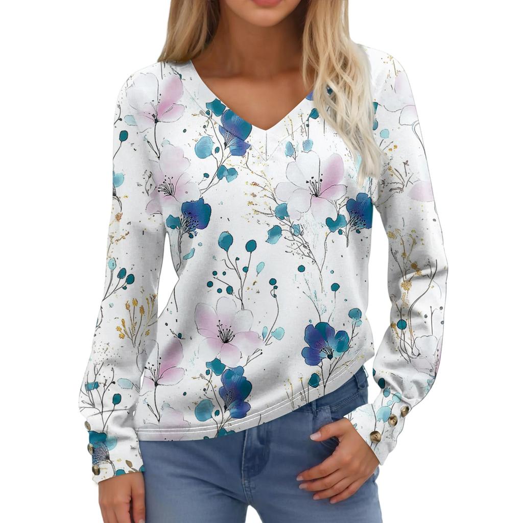 Women's Tops Long Sleeve Cuffs Button-Up Shirt V-Neck Casual Loose Tee Floral Tops