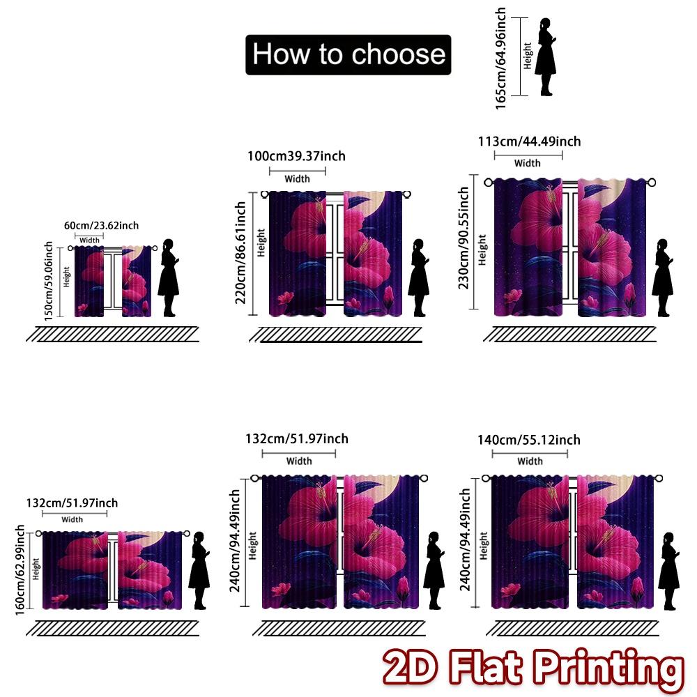 Set Of 2 Modern Flat Printing Curtains Without Rod Floral Hibiscus Neon Glow Fashionable Curtainments During Ramadan Curtain Polyester