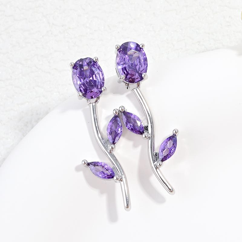 Gold Plated Tulip Stud Earrings Women Colorful Cubic Zirconia Rose Leaf Drop Earrings Minimalist Dainty Jewelry Gift:VE1824