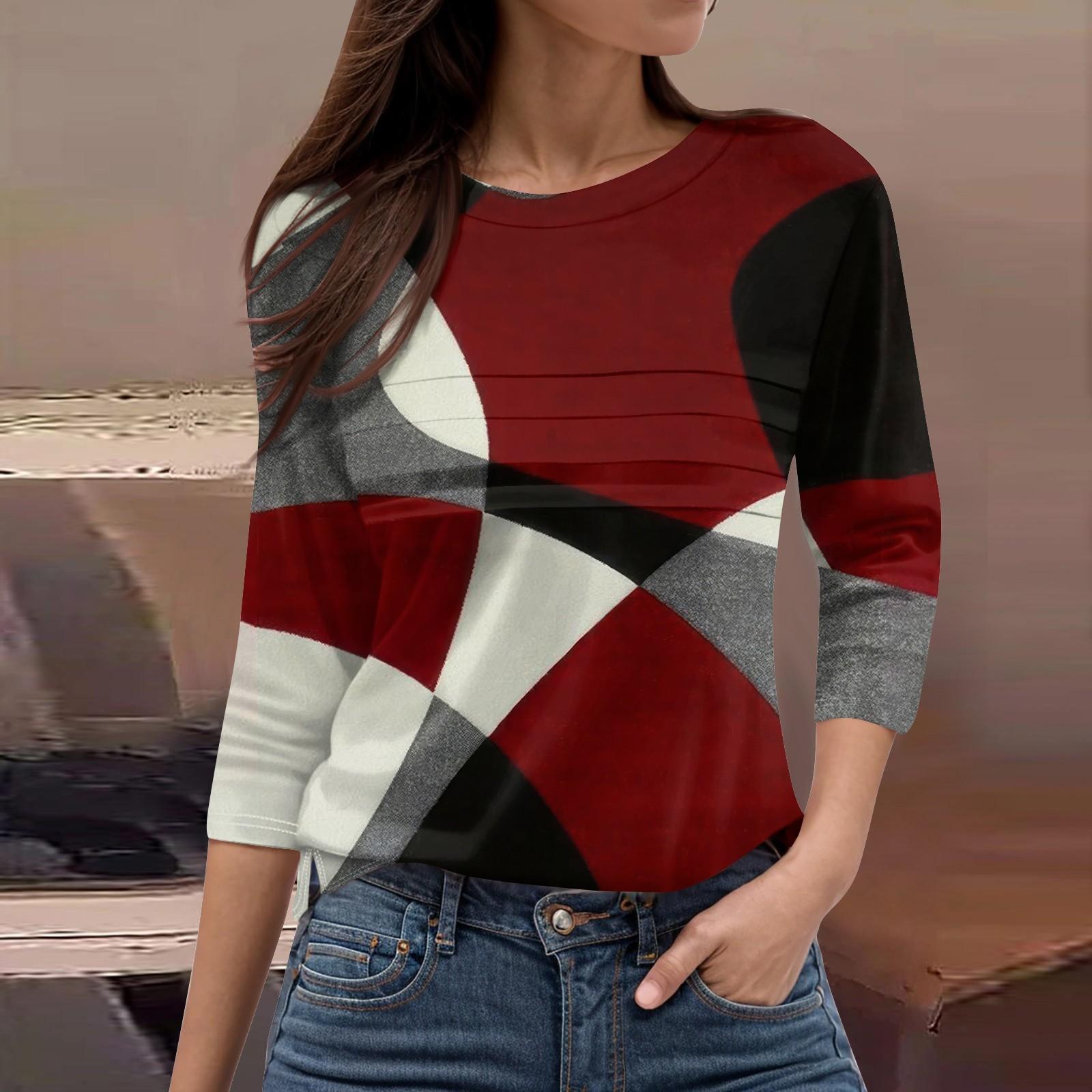 

Жіночий модний повсякденний вільний топ з принтом і круглим вирізом з рукавами 3/4 XXXL винний