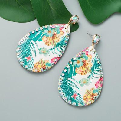 Women Double-sided Palma Print Drop Earrings Titanium Steel Zircon Crystal Droplet Leather Bohemia Ear Ornaments