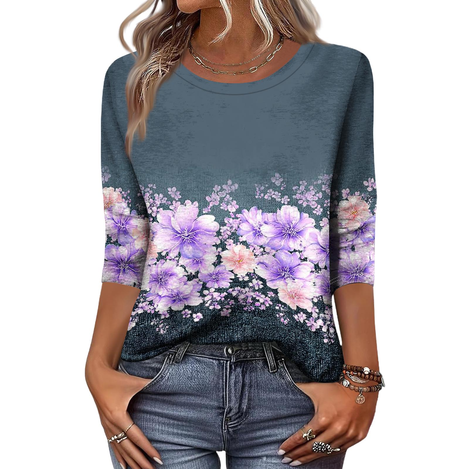 

Women s Fashion Casual Round Neck 3/4 Sleeve Loose Printed T-Shirt Ladies Top XL фіолетовий