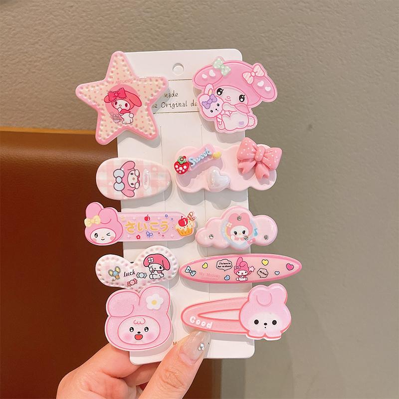 10Pcs Hellokitty Cute Headwear Children S Acrylic Hair Clip For Girls Kuromi Forehead Hair Clip Melody Bangs Clips