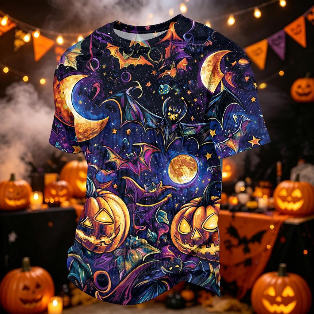 Men's Casual Corduroy Short Sleeve T-Shirt Lightweight Breathable Round Neck Halloween Pumpkin Print Top Comfortable Fit