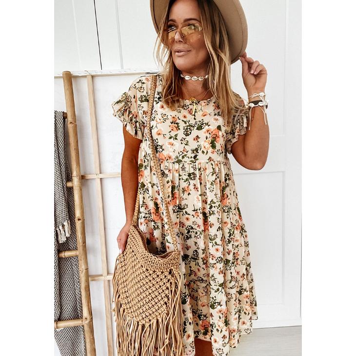 

Летнее женское платье с короткими рукавами и круглым вырезом, модные сексуальные платья с принтом L абрикосовый