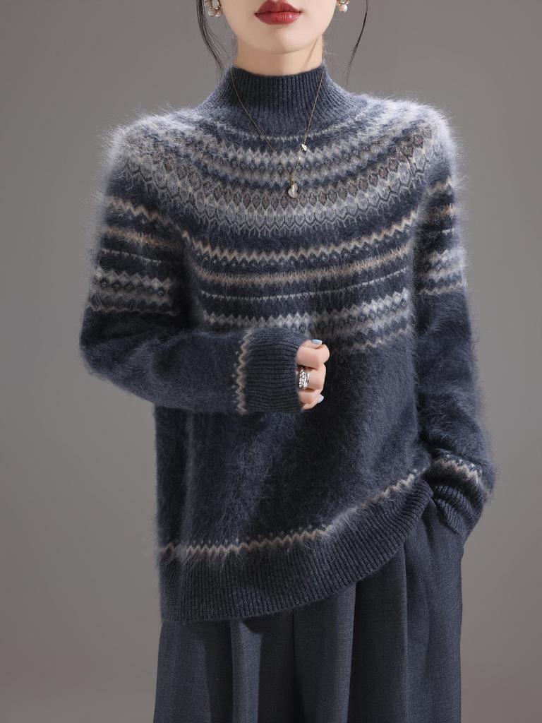 Women's Loose Fair Isle Brushed Wool Sweater - New Autumn/Winter Style with Thick Half-High Collar