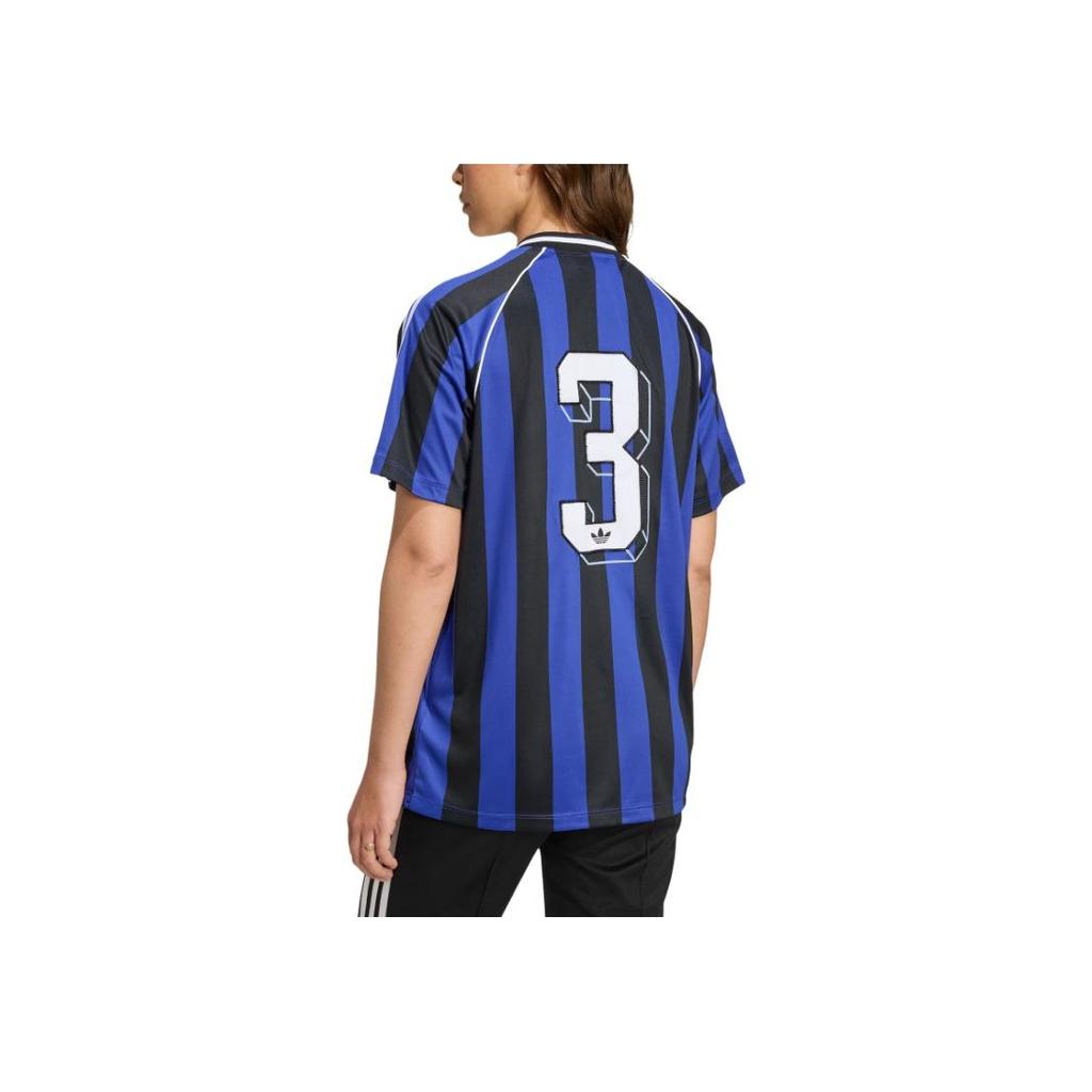 adidas Originale Ss25 Perlen Jersey Lockerer Schnitt V-Ausschnitt Kurzarm Fußballshirt Damen Tops Fluoreszierend-Blau Schwarz KD2274