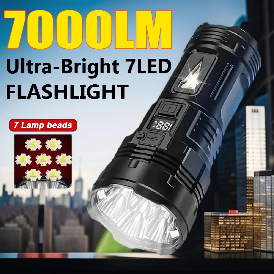 High Power Led Flashlight 7 Lamp Beads with Side Light Super Bright USB Rechargeable Tactical Torch Outdoor Camping Fishing Lamp
