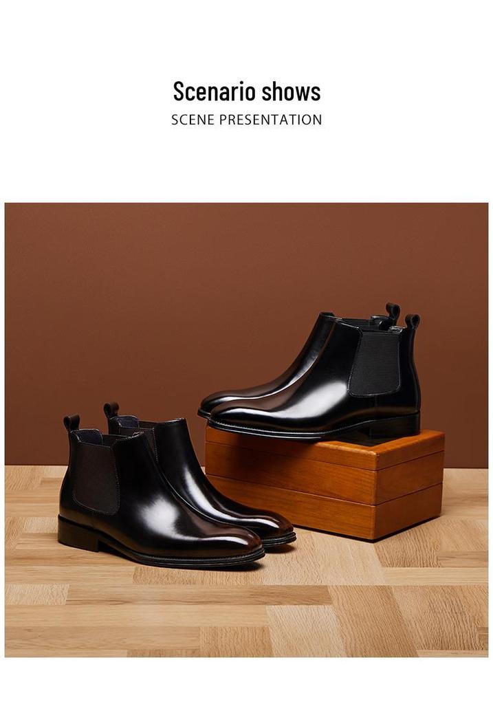 Men's British Style Genuine Cowhide Chelsea Boots - Shiny, Slip-On, Versatile High-Top Leather Footwear for Autumn/Winter