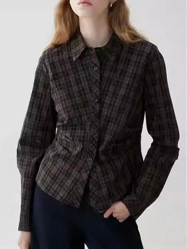 Women's Retro Plaid Pleated Waist Shirt - New Autumn/Winter Slim Lapel Top