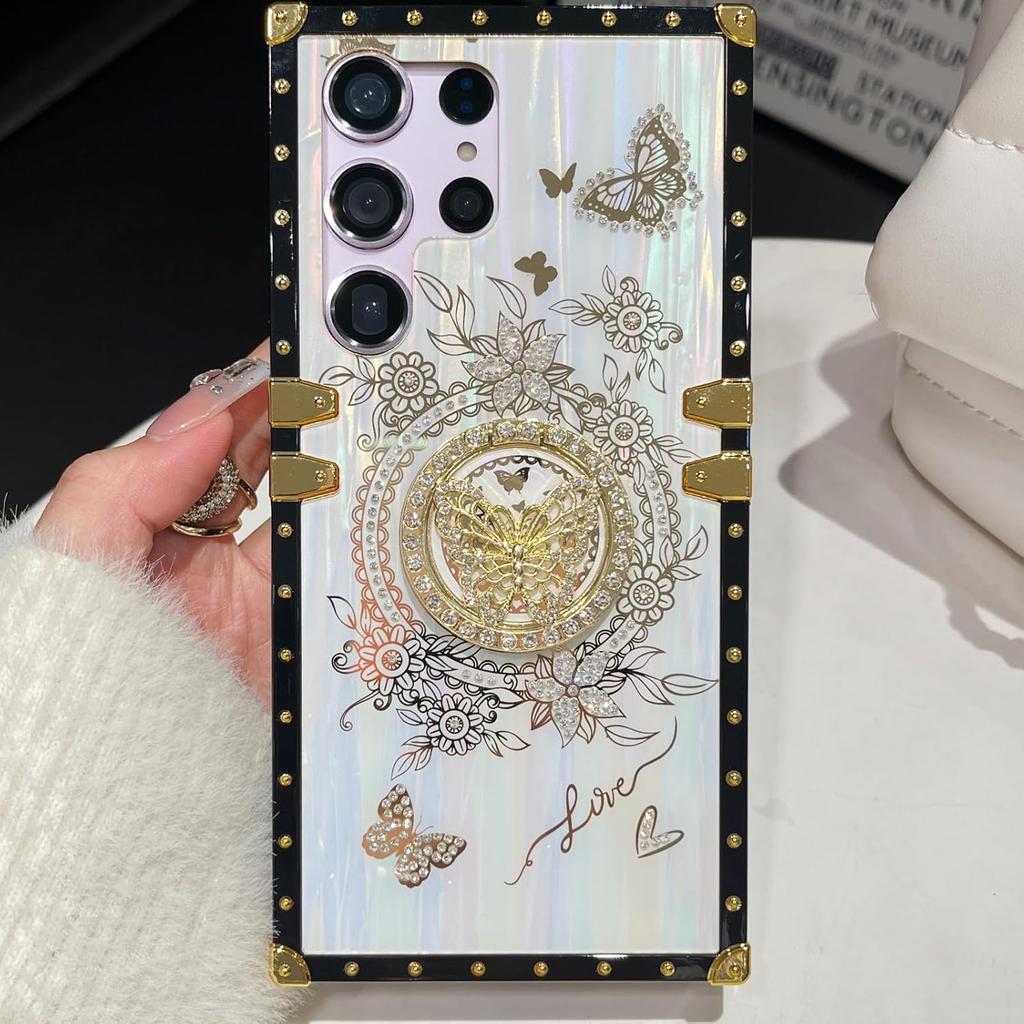 for Samsung Galaxy S25 Ultra Glitter Kickstand Case, Cute Luxury 3D Bling Sparkly Floral Diamond Butterfly with Ring Stand Elegant Shockproof Women