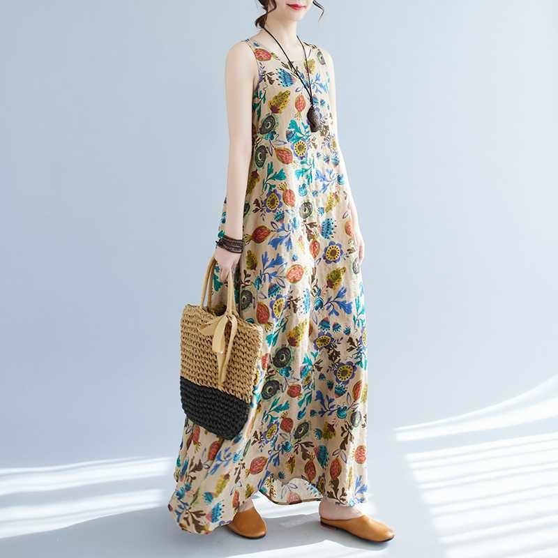 Long Skirt Summer New Sleeveless Round Neck Printed Mid Length Dress