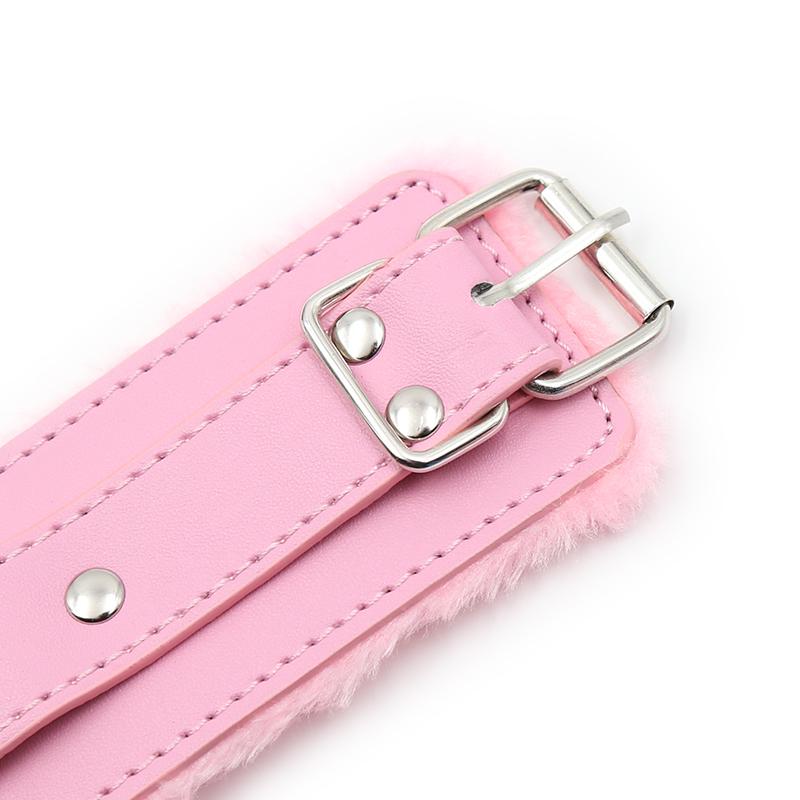 BDSM Bondage Adjustable PU Leather Plush Pink Handcuffs Footcuffs Ankle Cuffs Slave Restraints Sex Adult Flirting Toy for
