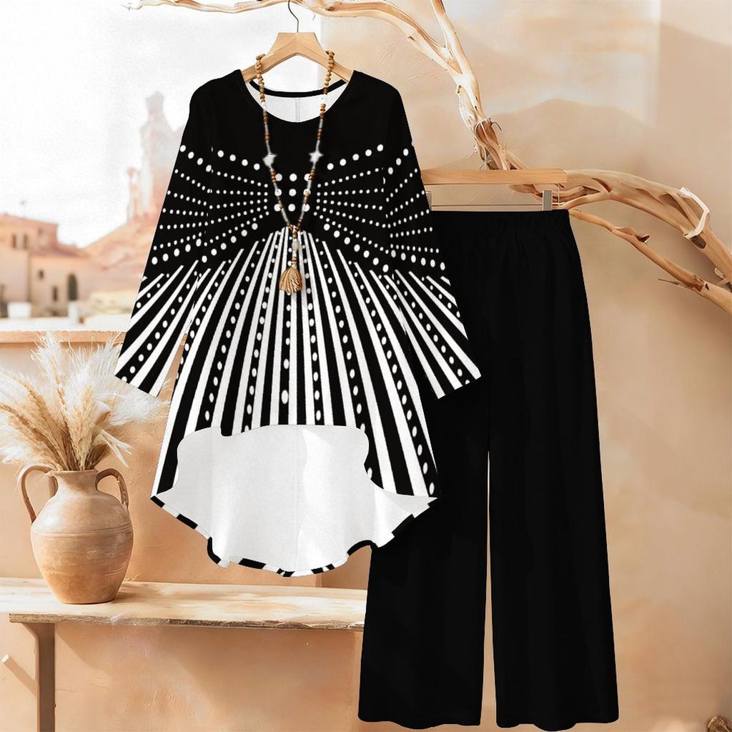 Abstract Design Print Two Piece Outfit Women Long Sleeve Irregular Hem Tunic Top Wide Leg Pants Casual Matching Set