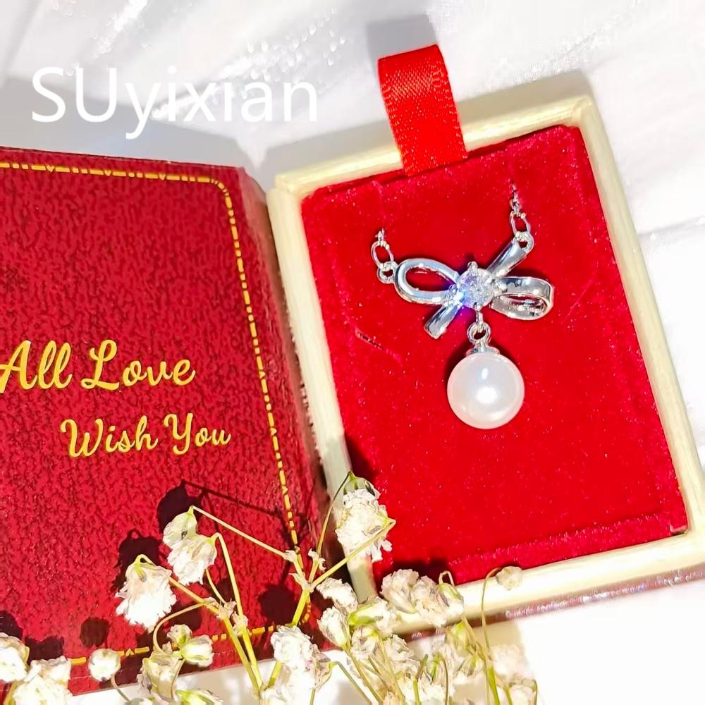 925 Sterling Silver Fashion Temperament Bow Zircon Bead Necklace Birthday Party Anniversary Gift