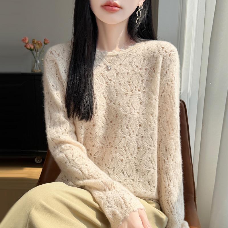 Damen 100% Merinowolle Pullover Rundhalsausschnitt Ausgeschnitten Pullover Neue Mode Jumper Frühling Herbst Kaschmir Pullover Damen Strickoberteile