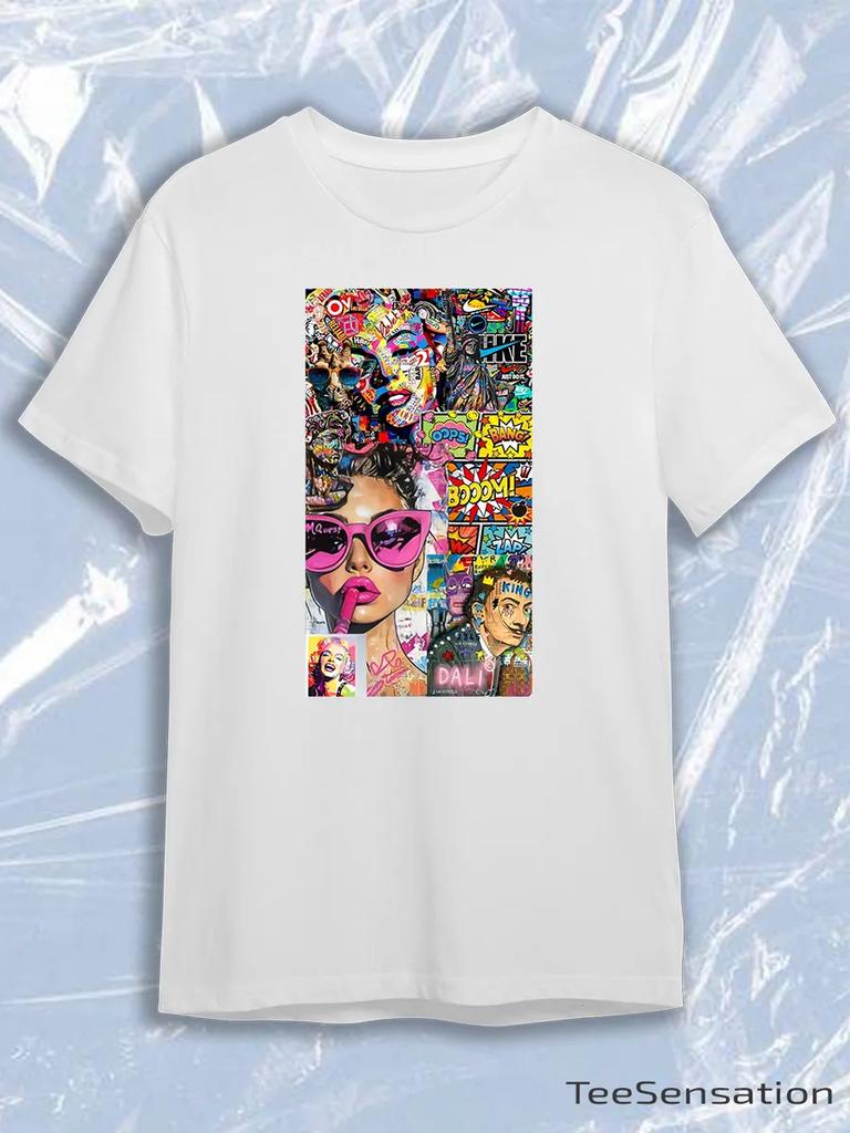 TeeSensation White Crew Neck Short Sleeve T-Shirt with Colorful Pop Art Collage Poster Print