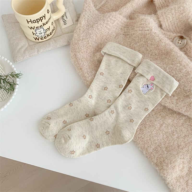 Cute Cartoon Embroidered Socks with Unique Flanges, Trendy Female Dachshund, Pure Cotton Butterfly Mid-calf Pile Socks