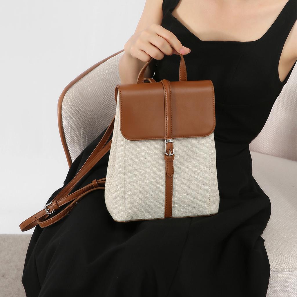 Summer new casual vacation-style leather and linen backpack with a French relaxed feel, large-capacity school bag