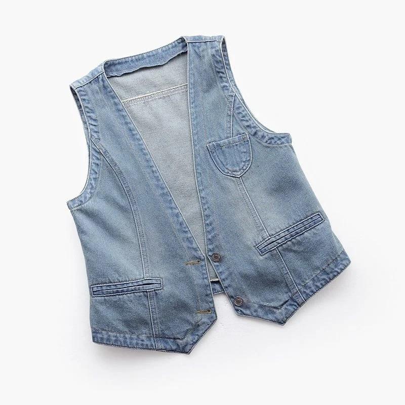 Women's Slim Single-breasted Denim Vest Sleeveless Jacket Solid Color All-match Top Spring Autumn ThreeThree
