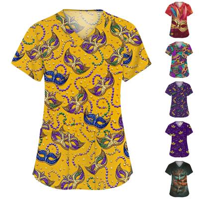 Women's Fashion V-neck Short Sleeve Workwear With Pockets Printed Tops