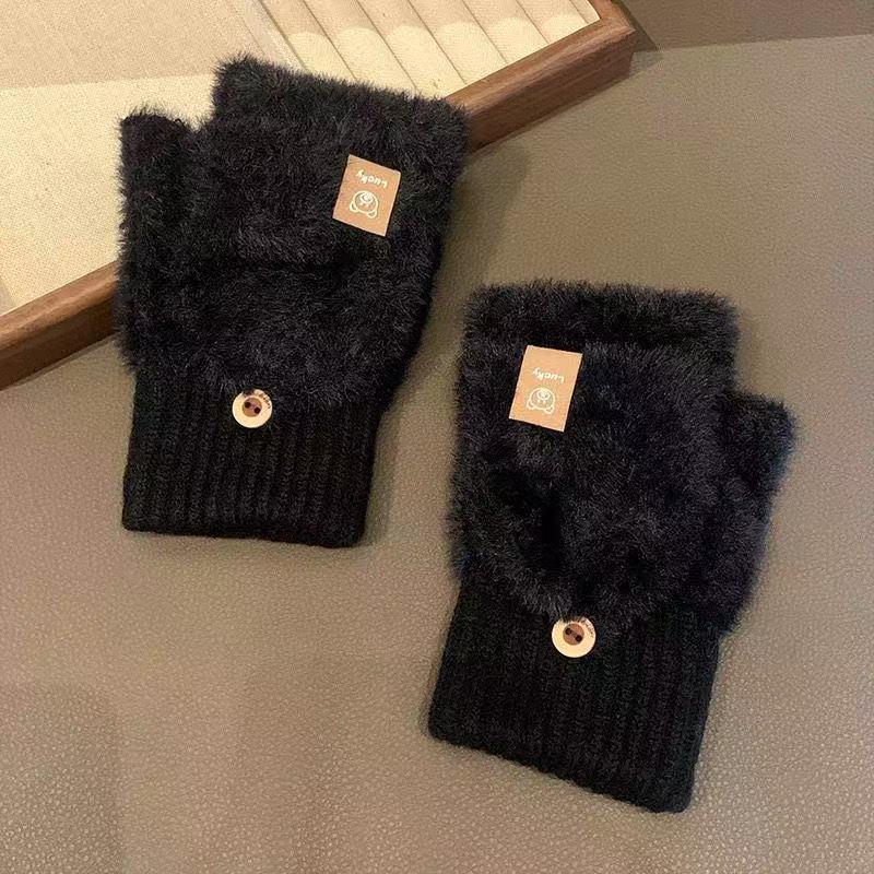 Open Finger Flip Gloves, Plush Gloves, Female, Winter, Cute, Warm, Cold Proof, Writing and Cycling, Thick Touch Screen Gloves, Couple Style