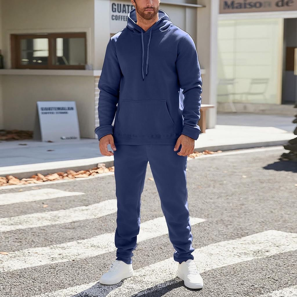 Men's And Women's Solid-color Casual Set. Men's Long-sleeved Hooded, Fleece And Thickened Sweatshirt And Pants Two-piece Set