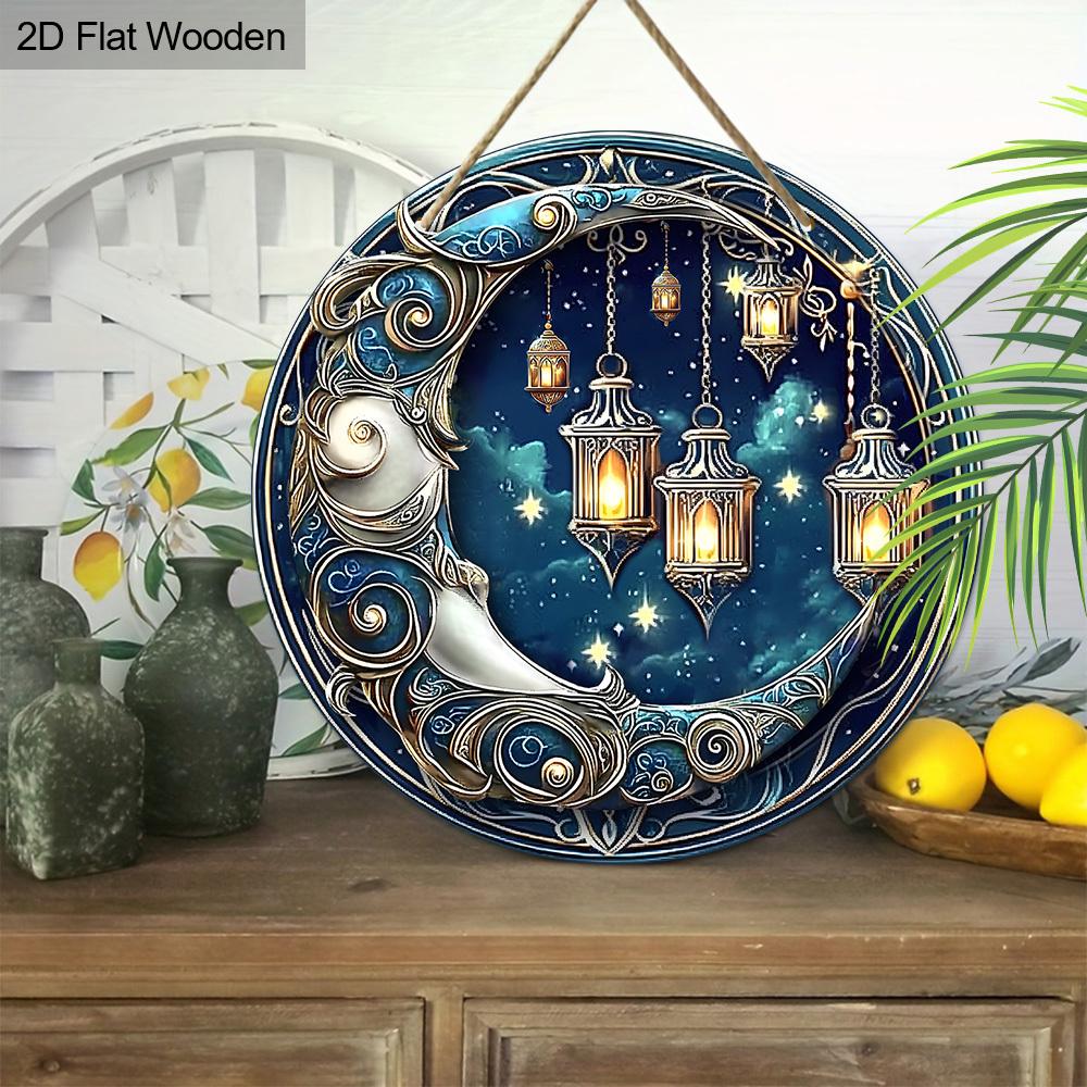 Himmlischer Mond & Laternen Holzschild, Runde Wanddekoration, Mystische Nachthimmeldeko - Ideal für Fantasy & Hexen-Wohnästhetik