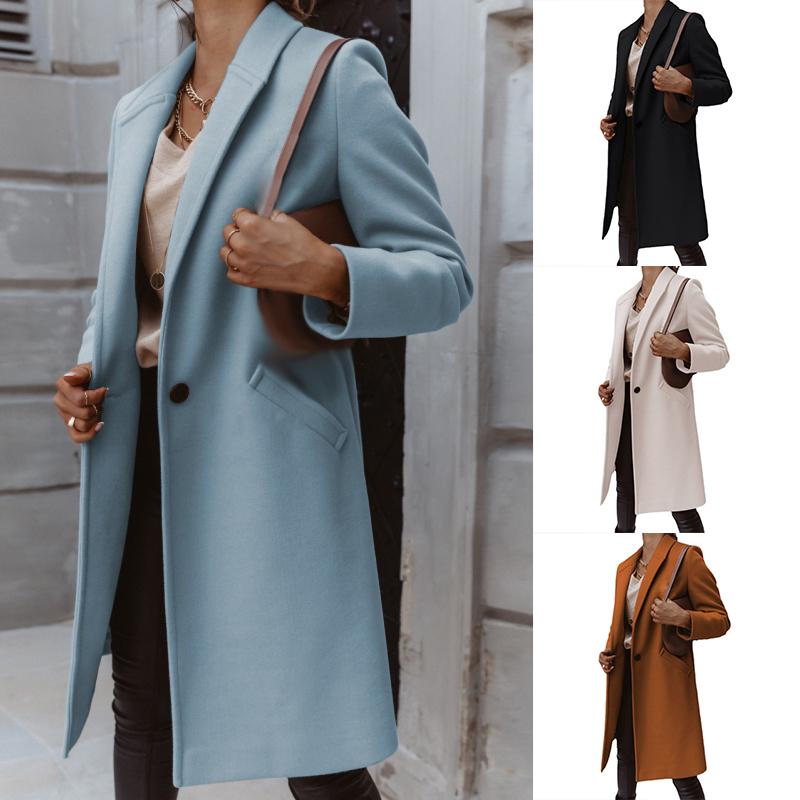 Autumn Winter mid-length Solid Color Women Outerwear Lapel Woolen Coat