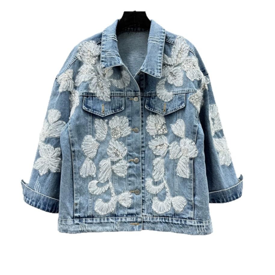 European Station Spring New Heavy Industry Beaded Denim Jacket Women's Loose and Thin Sequined Long-sleeved Top Trendy Brand