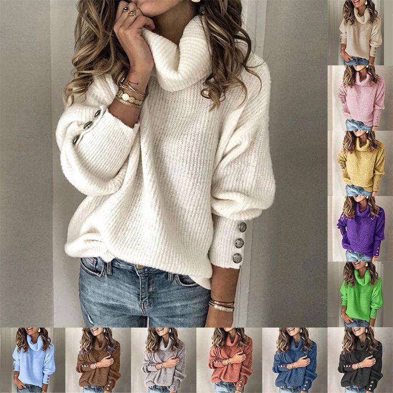 Cozy Women Long Sleeve Sweater High Neck Jumper With Stylish Button Decoration